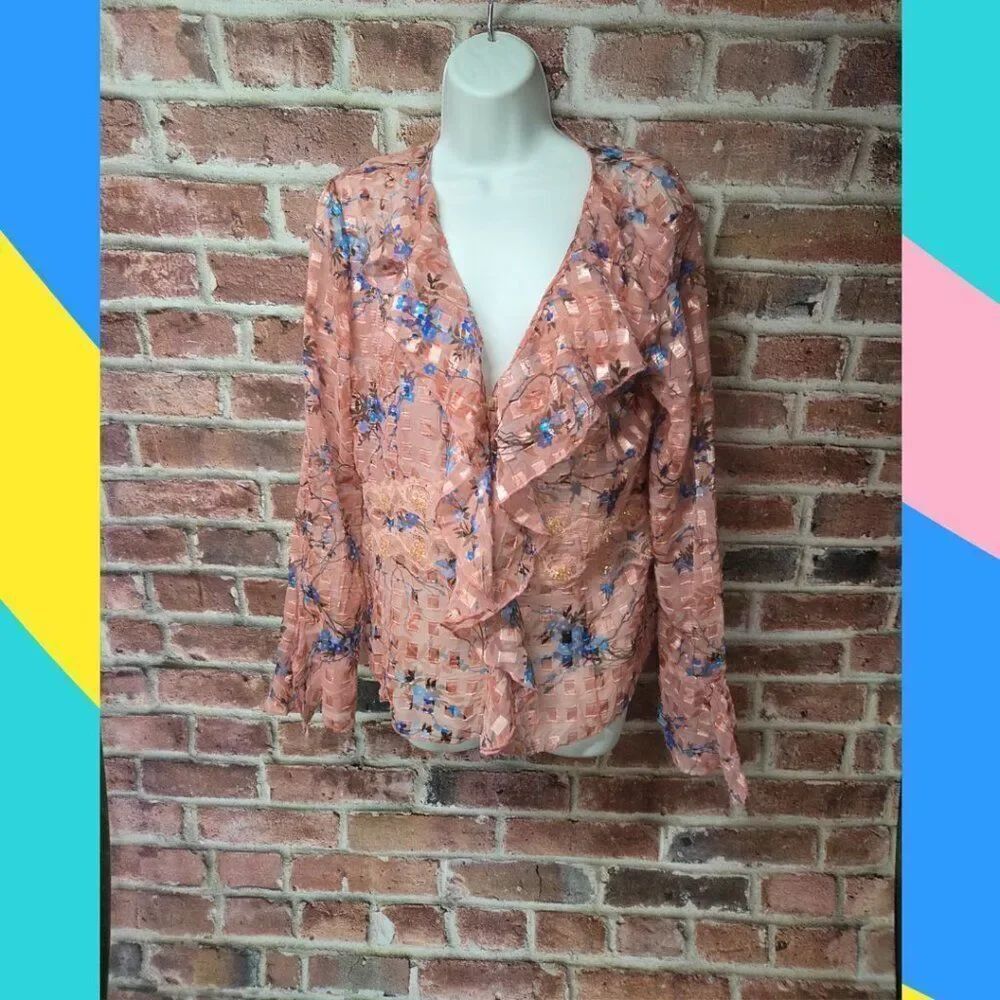 Vintage Nicola Floral Boho Blouse – Women’s Medium Pink V Neck Sheer Top